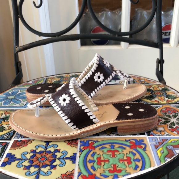 Jack Rogers brown with white whipstitch trim thong sandal with low heel - Picture 1 of 6